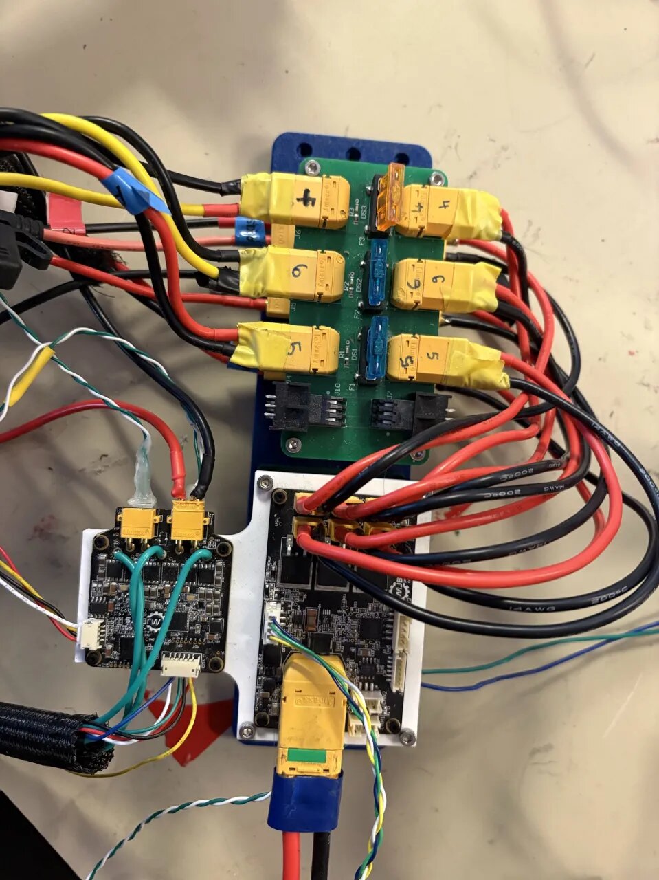 Power distribution and motor driver boards, wired up.